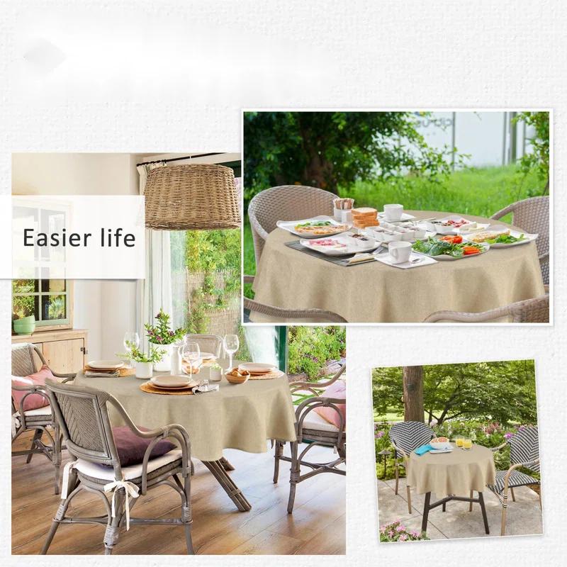 Hokku Designs Round Linen Tablecloth 90 Inch - Wrinkle And Stain Resistant Washable Polyester Fabric Table Cloth For Dining Room Kitchen Party, Beige