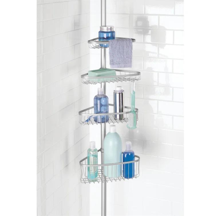 iDESIGN Steel 4 Tier Tension Pole Corner Shower Caddy York Collection Silver