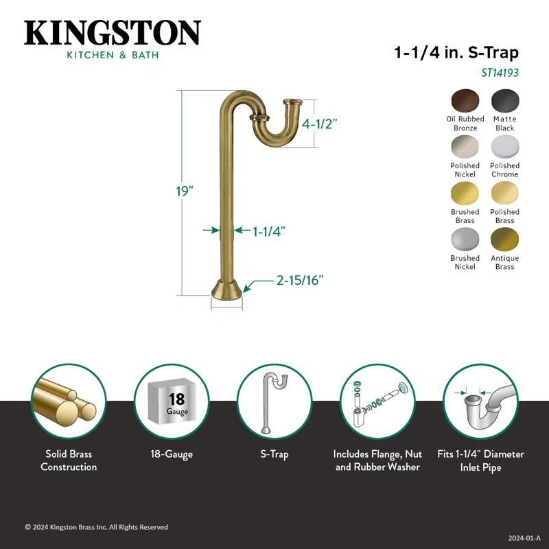 Kingston Brass ST14190 Kingston Brass Vintage 1-1/4 Inch Brass S-Trap, 18 Gauge