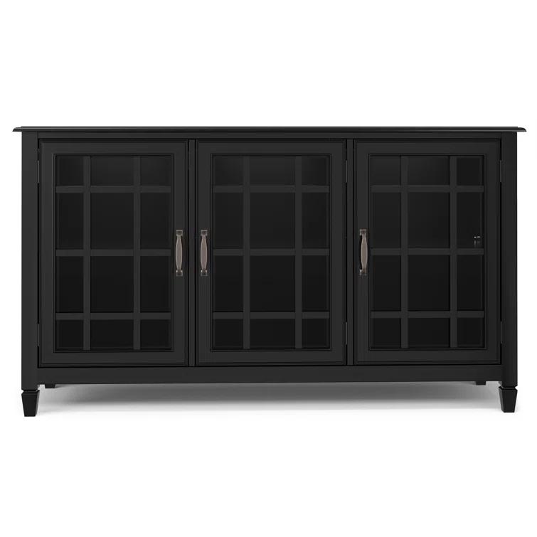 Simpli Home Connaught 60"W Solid Wood 3-Shelf Storage Cabinet Buffet with Glass Doors and Adjustable Shelves