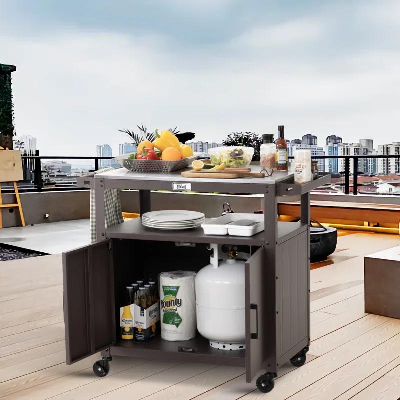 Feasto Feasto Outdoor Grill Cart with Stainless Steel Tabletop and Storage Cabinet, Movable Kitchen Island with Wheels for BBQ Food Prep