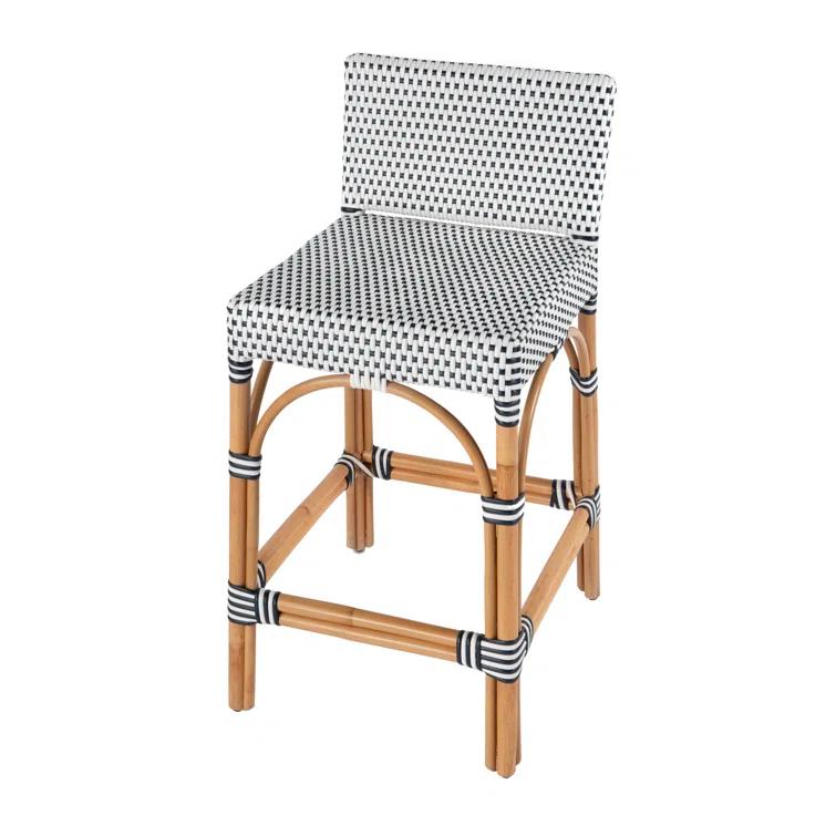 White and Navy Dot Rattan Low Back Counter Stool