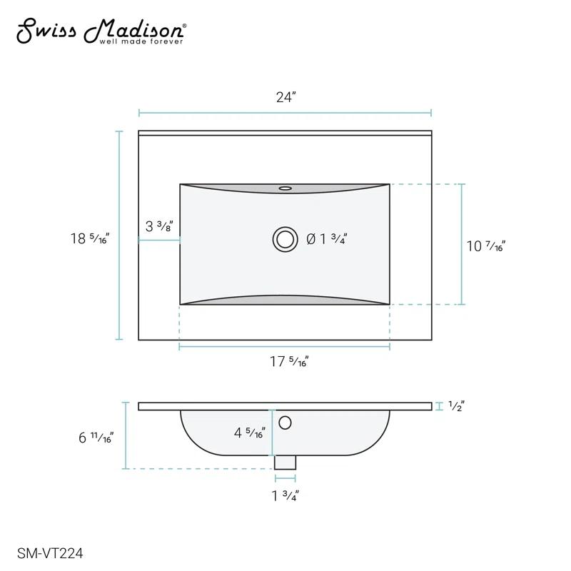 Swiss Madison 18.3 Single Vanity Top with Faucet Holes