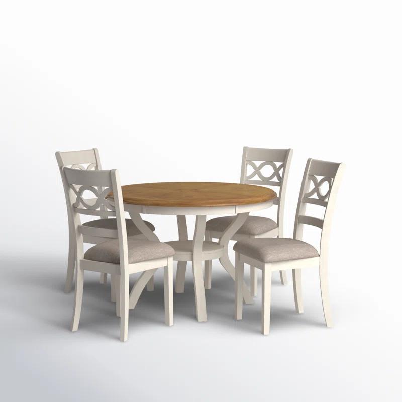 Cream and Brown Round Wood Dining Set with Upholstered Chairs