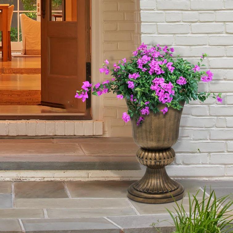 Charlton Home® Ciresila Classic Moroccan Bronze Urn Planter Decorative Outdoor Flower Pot with Stand for Garden Front Column and Wedding Decor