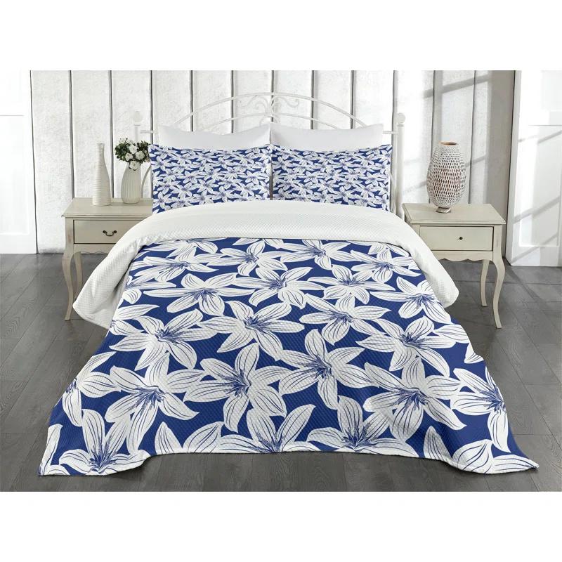 Ambesonne Ambesonne Hawaiian Bedspread Set 3 Pcs Hibiscus Flower Petals Queen White Dark Blue