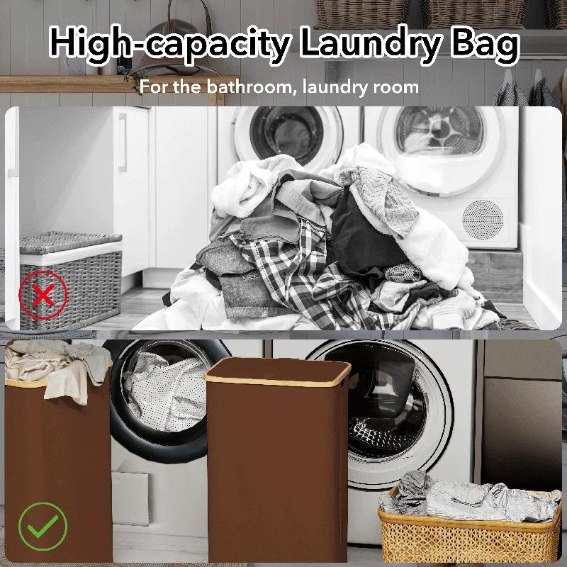 SpaceAid Tall Laundry Hamper with Lid – 110L Collapsible Clothes Basket with Bamboo Handles for Bedroom, Bathroom or Dorm