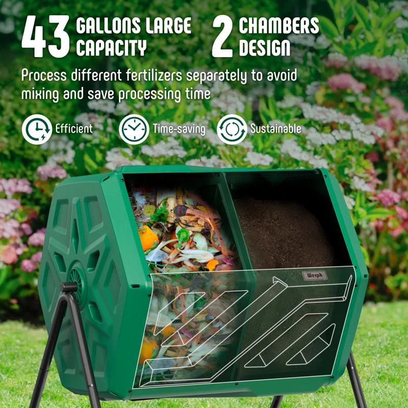 werph Werph 43 Gallon Dual Chamber Compost Tumbler Bin - Outdoor Rolling Composter with 2 Sliding Doors