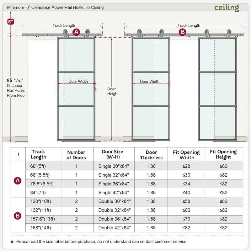 TREEBLING 84" Metal and Glass Sliding Barn Door with Two-Way Soft Close and Installation Hardware Kit