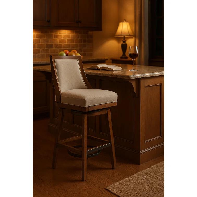 Alaterre Ellie Bar Height Stool, Back, Swivel Seat, Brown, Upholstered Padded Seat, Rubberwood Frame, Steel Memory Return Mechanism, Dimensions 19 in. W x 22 in. D x 46 in. H, Footrest, Metal Kick Plate