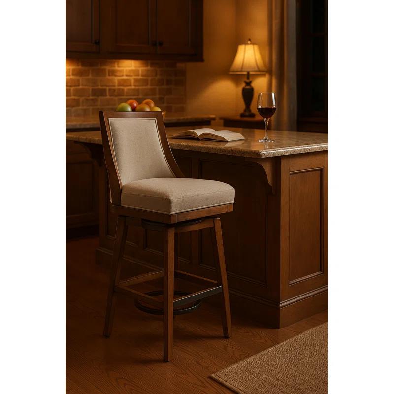 Alaterre Ellie Bar Height Stool, Back, Swivel Seat, Brown, Upholstered Padded Seat, Rubberwood Frame, Steel Memory Return Mechanism, Dimensions 19 in. W x 22 in. D x 46 in. H, Footrest, Metal Kick Plate