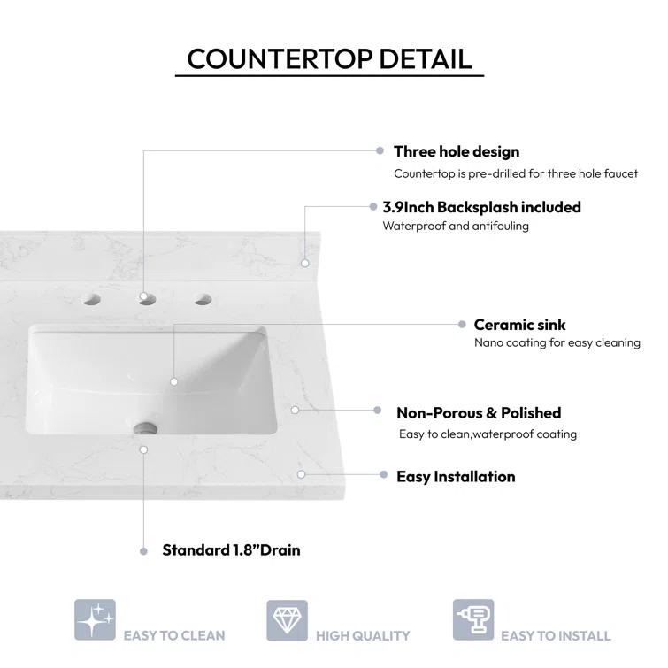 Vinnova Jaen 25'' Stone Single Bathroom Vanity Top with Sink