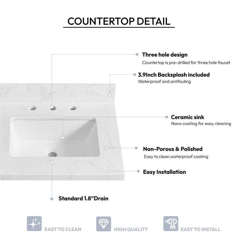 Vinnova Jaen 25'' Stone Single Bathroom Vanity Top with Sink