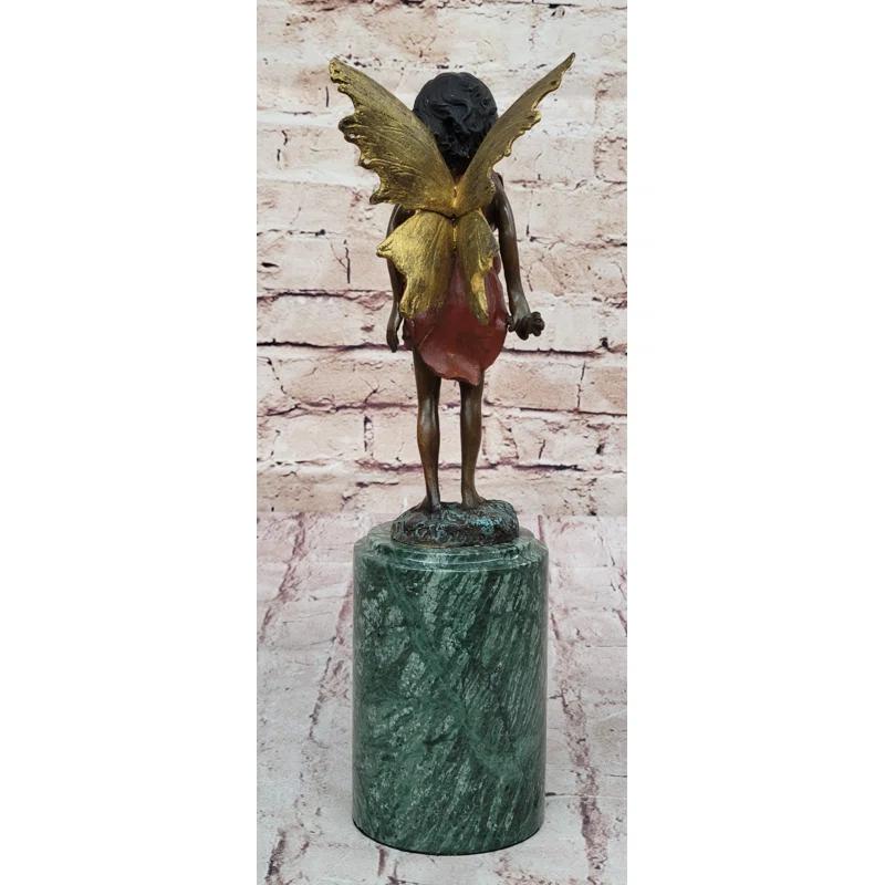 Trinx Kallem Hot Cast Bronze Young Fairy Girl Winged Angel Figure Sculpture On Green Marble Base