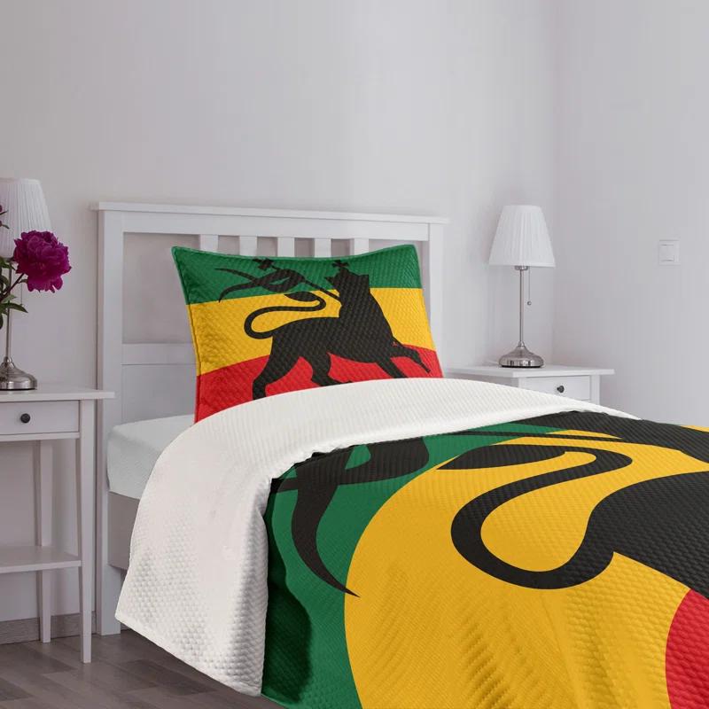 Ambesonne Ambesonne Rasta Bedspread Set Lion Reggae Striped Flag Art Yellow Black