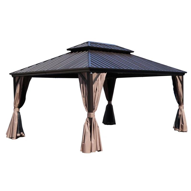 Kozyard Kozyard Caesar Gray Double Roof Hardtop Gazebo with Privacy Curtain and Mosquito Netting
