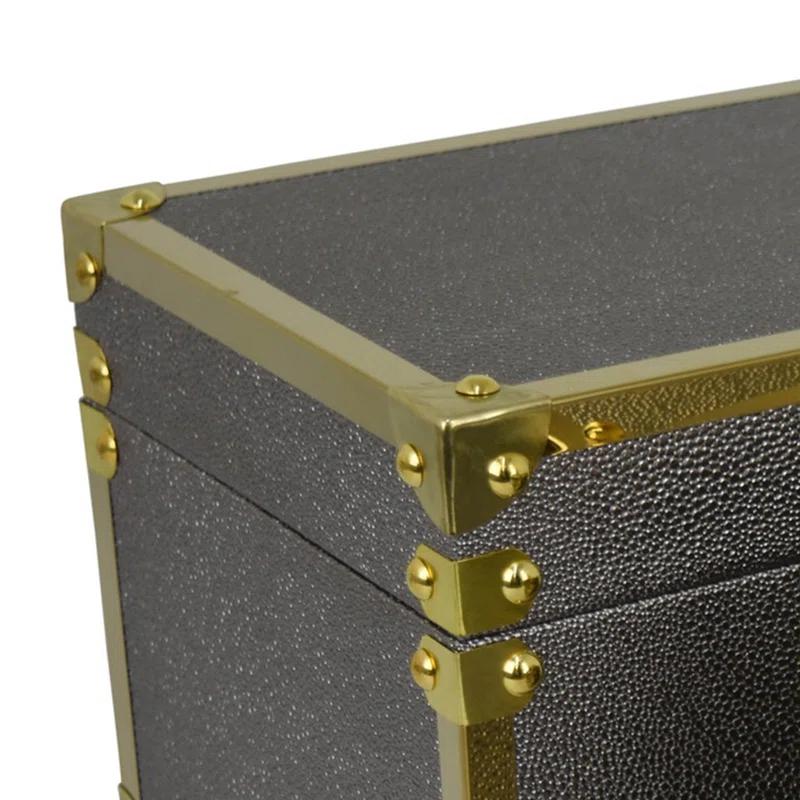 Benjara Mecca Storage Box Set of 2, Rivet Accents, Metal Trim, Wood