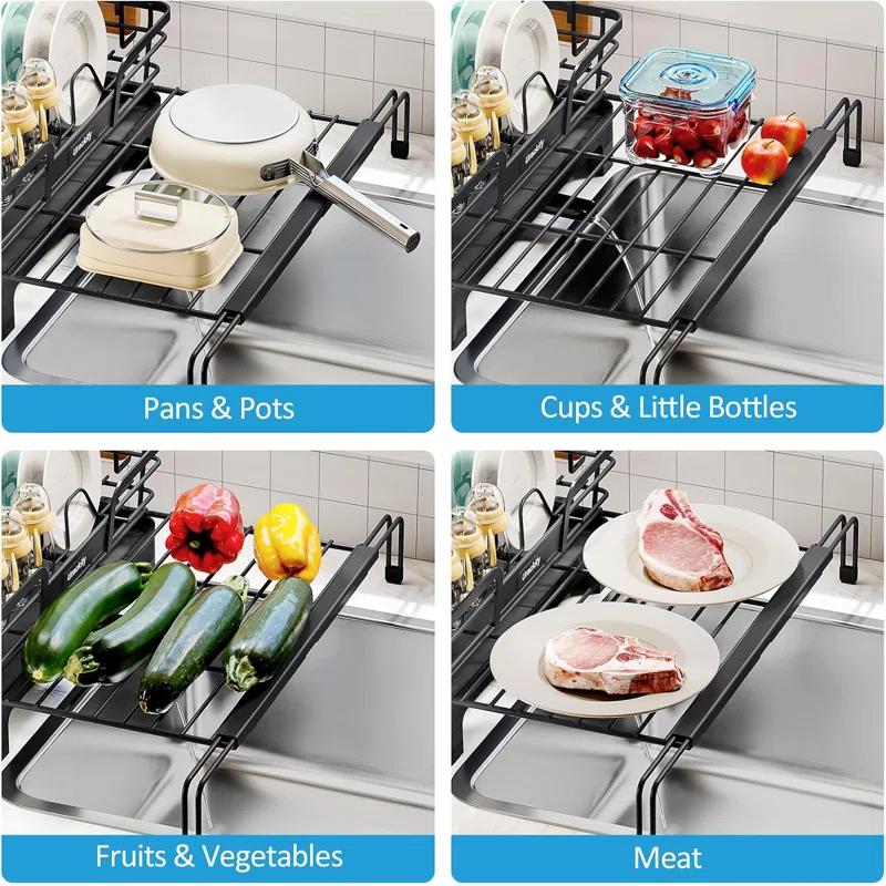 THE GLAMOUR BOUTIQUES Extendable Dish Drying Rack, 2 In 1 Multifunction Dish Rack For Kitchen Counter, Expandable Dish Drainer Over Sink, Large Dish Strainer With Drainboard & Cups Holder, Black