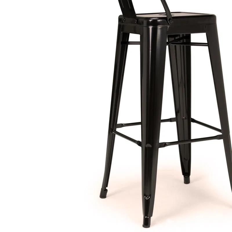 Simpli Home Rayne Metal Industrial Stool with Curved Back, Cross-Brace, and Footrest