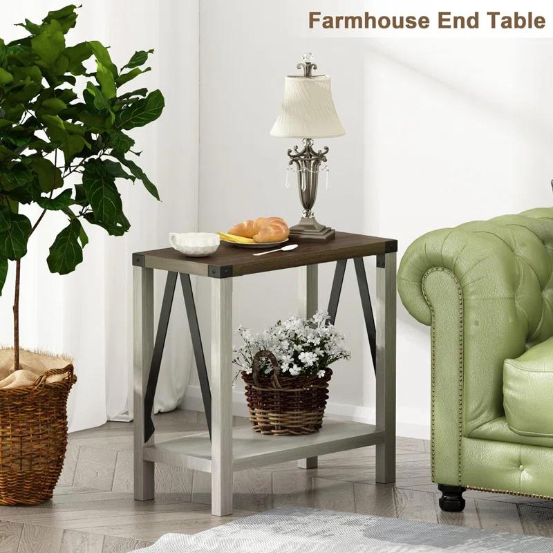 Gracie Oaks Farmhouse End Table For Small Spaces, Narrow Side End Table With Storage Shelf, Rustic A-Design Nightstand Sofa Table For Living Room, Bedroom 2 Pack