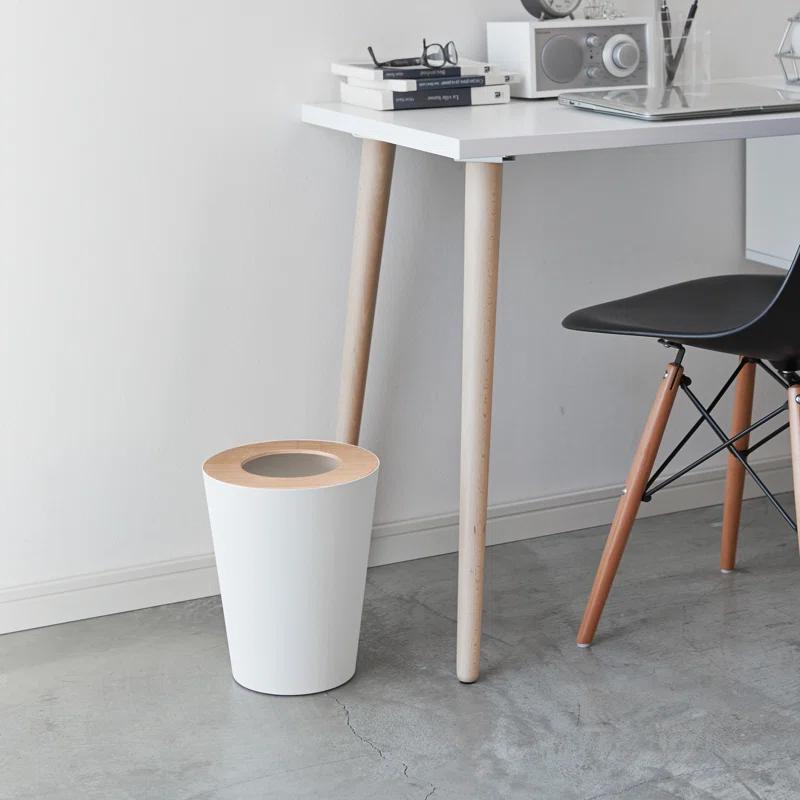 Rin Yamazaki Home Round Trash Can, 1.85 gallon Wastebasket Bathroom Kitchen Office, Steel + Wood