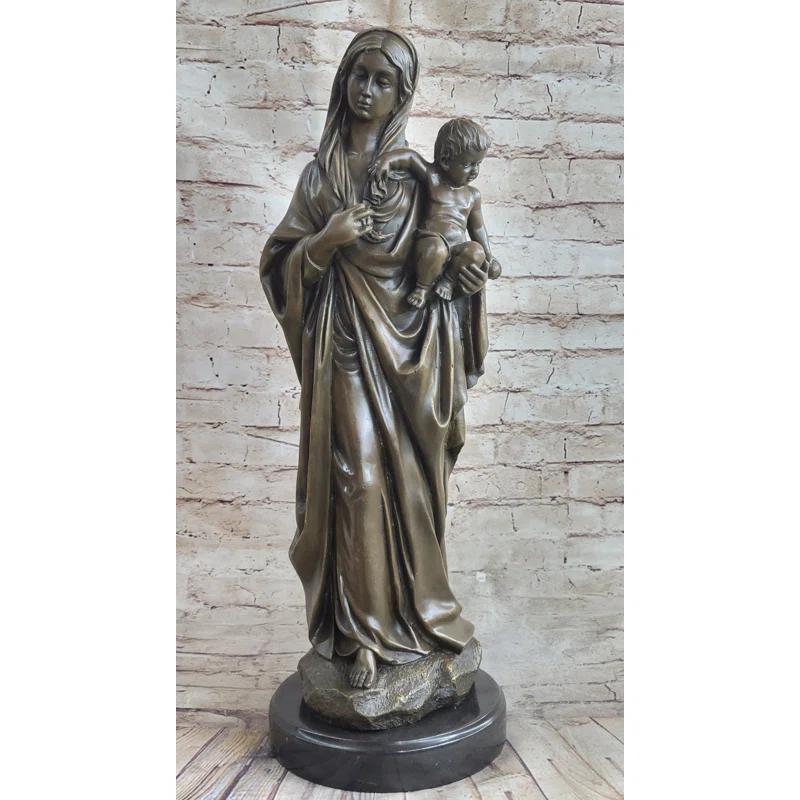 Bloomsbury Market Madonna Virgin Mary W/ Baby Jesus Bronze Statue Sculpture Figure 23 Inches X 8 Inches | Wayfair
