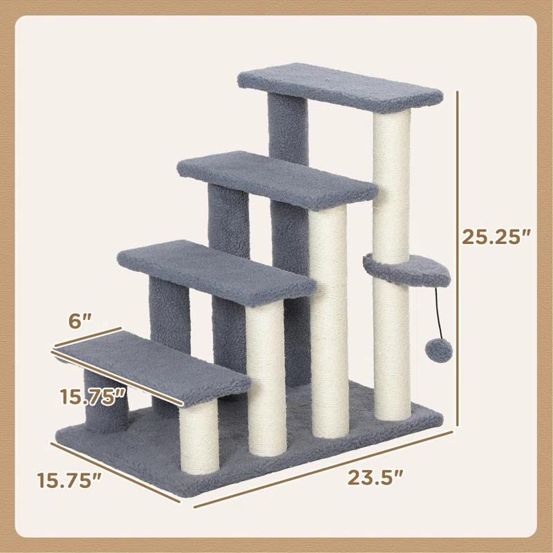 4 Levels Cat Steps, Pet Stairs Carpeted Ladder, Kitten Tree Climber With Scratching Posts, Hanging Play Ball, Side Step, For High Bed, Sofa, Gray