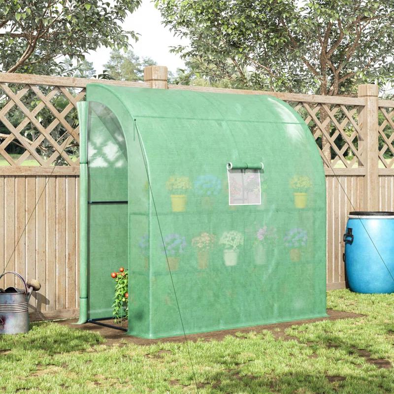 HLILish Outsunny 7' X 3' X 7' Lean To Greenhouse, Walk-In Green House, Plant Nursery With 2 Roll-Up Doors And Windows, PE Cover And 3 Wire Shelves
