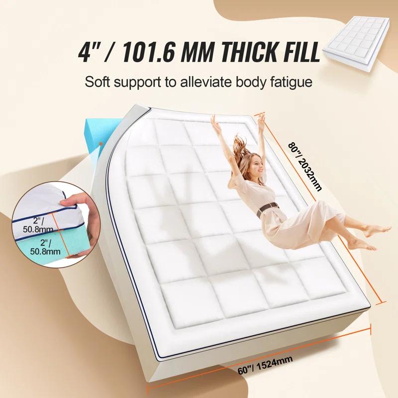 VEVOR Mattress Topper Premium Memory Foam Fiber Fill 4 in Thickness
