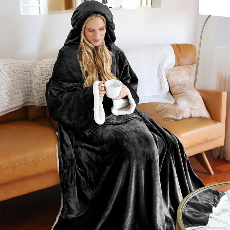 Tirrinia Hood Wearable Blanket for Adult Women and Men, Super Soft Comfy Warm Plush Throw with Sleeves TV Blanket Wrap Robe Hoodie Cover for Sofa, Couch 72" x 55"