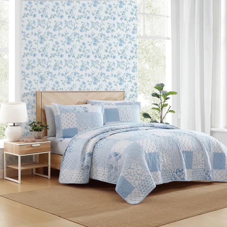 Laura Ashley Morning Glory Laura Ashley Coastal Patchwork Cotton Blue Quilt Set