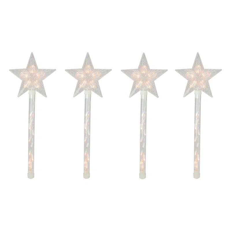 Northlight Seasonal Lighted Star Christmas Pathway Marker with Lawn Stakes White Wire - Clear Lights (Set of 4)