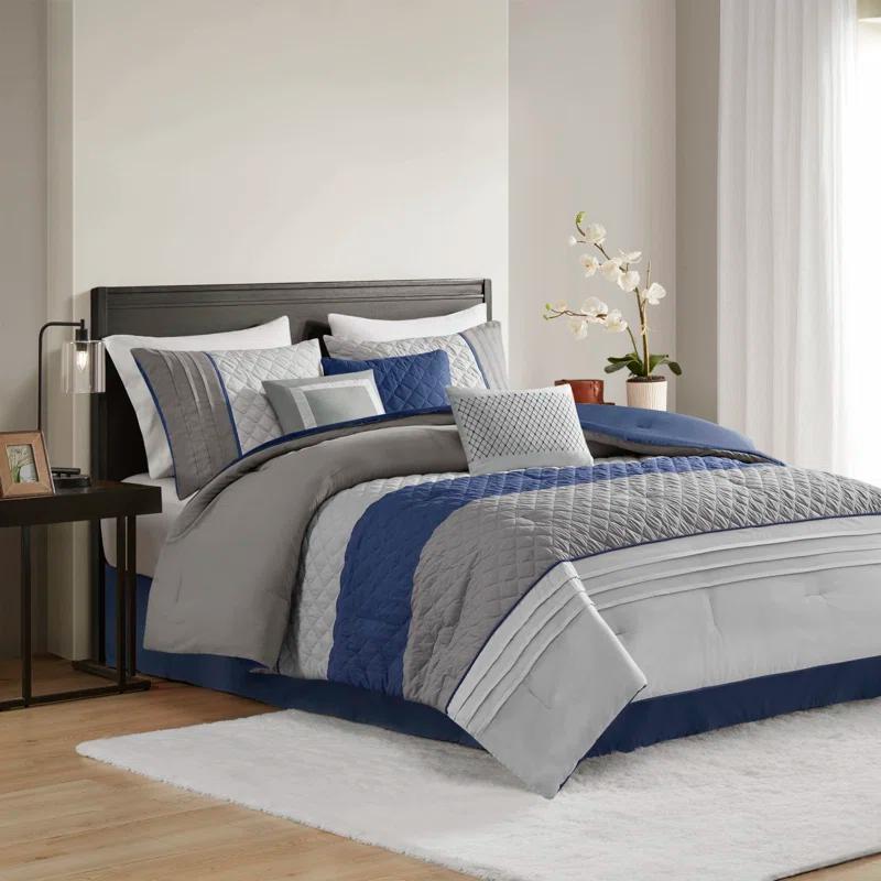 Madison Park Jenson 7 Piece Color Block Stripe Comforter Set with Throw Pillows