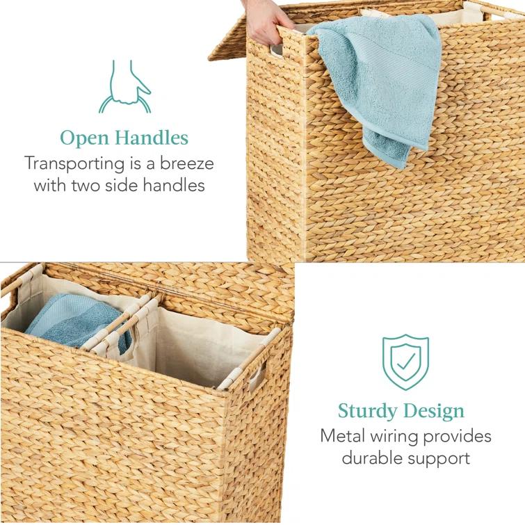 Bayou Breeze Large Water Hyacinth Double Laundry Hamper Basket w/ 2 Liner Bags, Handles