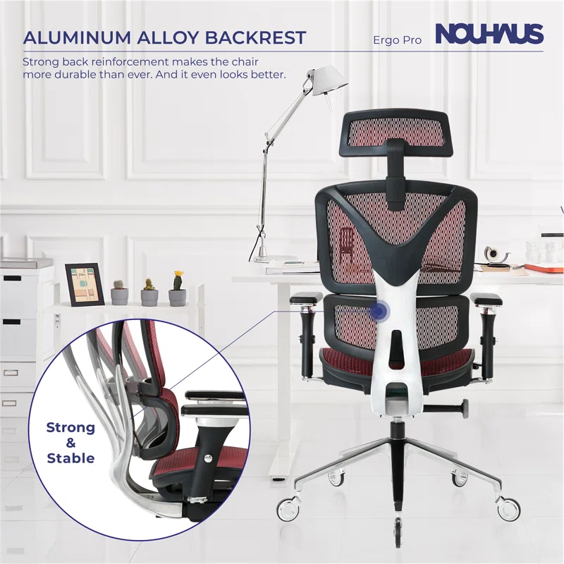 Nouhaus Inc Nouhaus Ergonomic Office Chair Lumbar Support Aluminum Alloy Backrest, Big and Tall Mesh Computer Desk Chair with Adjustable Headrest, 4D Armrest and Premium Wheels