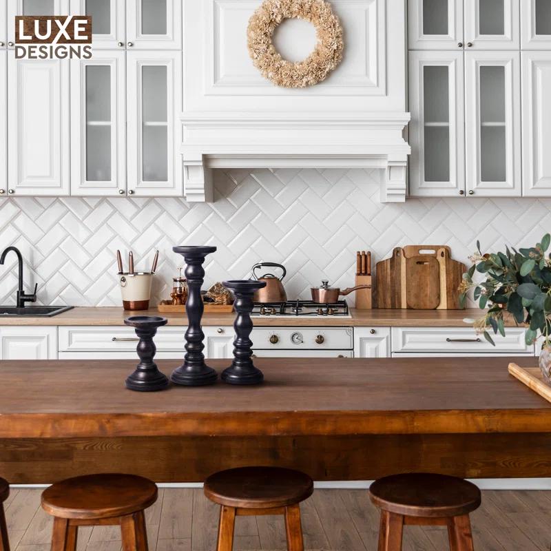 LuxeDesigns 12'' Handcrafted Mango Wood Pillar Candle Holder Set – Rustic 3-Piece Set for LED Candles