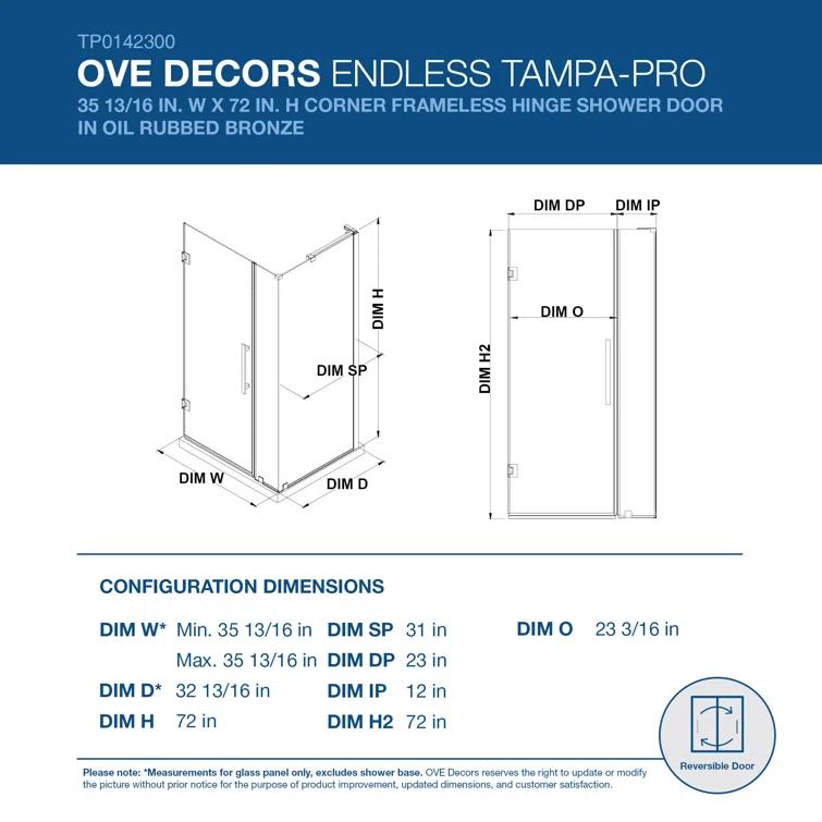 Ove Decors Endless Tampa-Pro 35" W x 72" H Corner Frameless Shower Kit, Door, Panel TP0142300