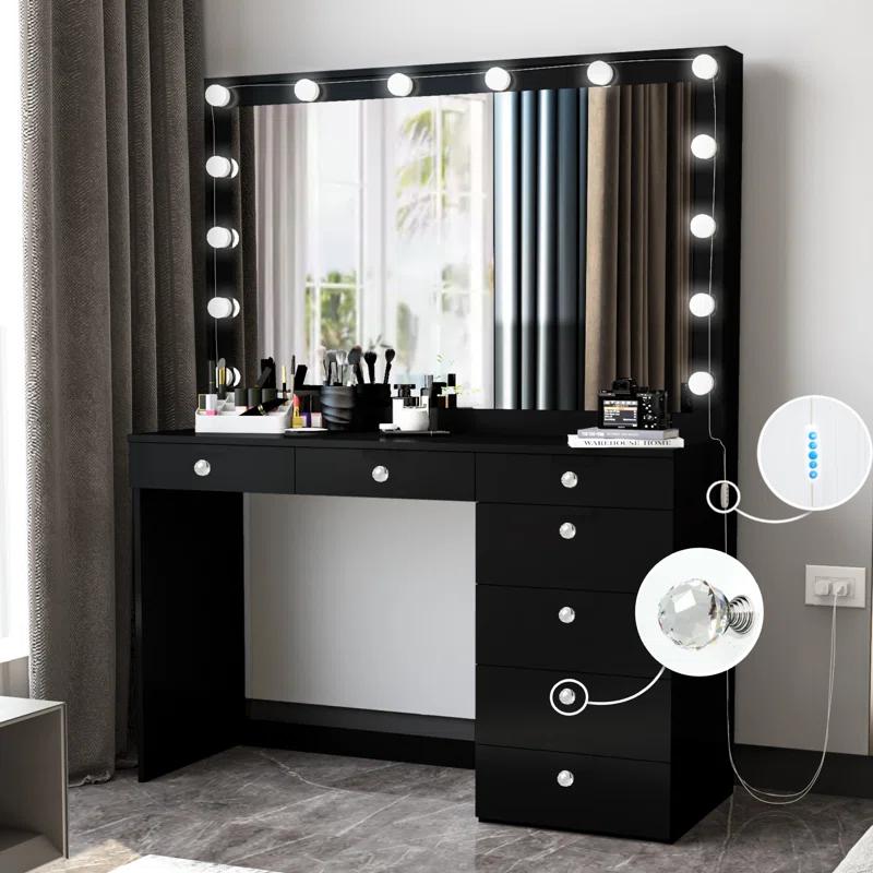 Boahaus LLC Boahaus Joan Large Modern Makeup Vanity Table with Big Mirror, 7 Drawers and Power Outlet