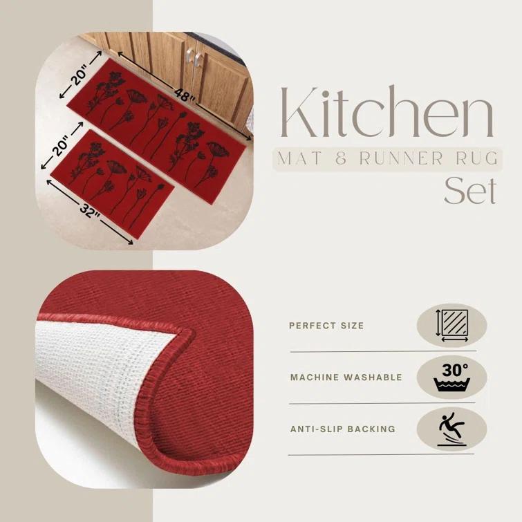 Evideco Wildflowers Non Skid Kitchen Mats Runner & Comfort Mat (2 Pieces) (Set of 2)