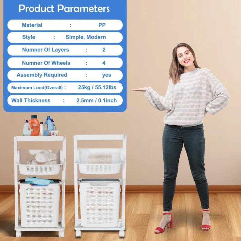 BAOKALER BAOKALER 2-Tier White Portable Rolling Laundry Basket, two Removable Baskets and Wheels