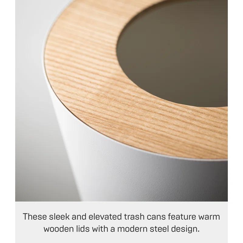 Rin Yamazaki Home Round Trash Can, 1.85 gallon Wastebasket Bathroom Kitchen Office, Steel + Wood