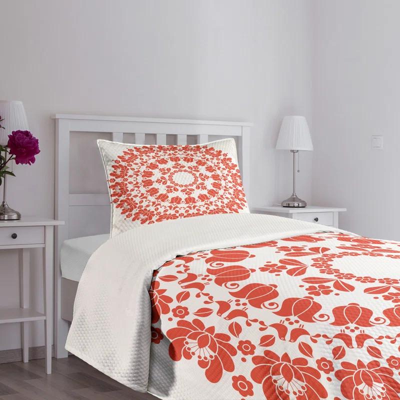 Ambesonne Ambesonne Mandala Bedspread Set Hungarian Round Folk Art White and Vermilion