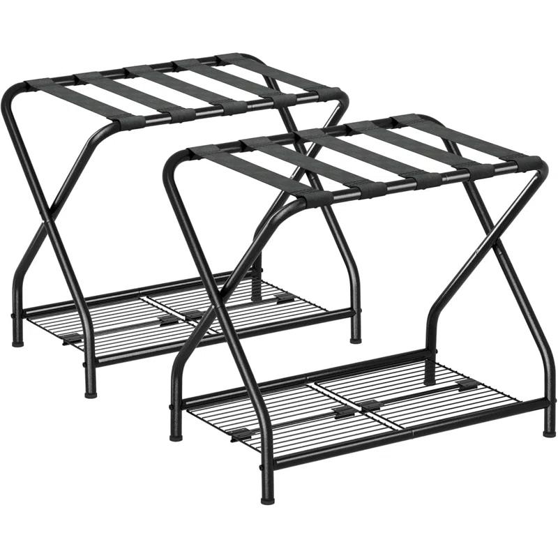 A Home Rack Set Of 2, Foldable Suitcase Stand With Storage Shelf, Metal Luggage Holder For Guest Room, Bedroom