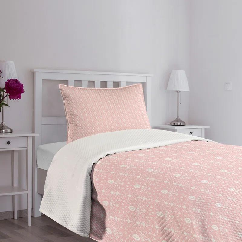 Ambesonne Flowers Bedspread Set Vintage Damask Home Pale Pink White