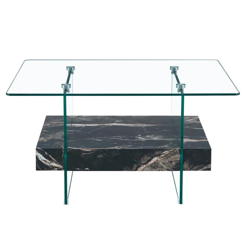 Ivy Bronx 31.4 Inch Modern Two-Tier Square Coffee Table - An Elegant Combination Of Clear Glass And Black Marble Pattern Sticker.It Can Be Used As A Coffee Table,A Side Table Or A Display Stand.
