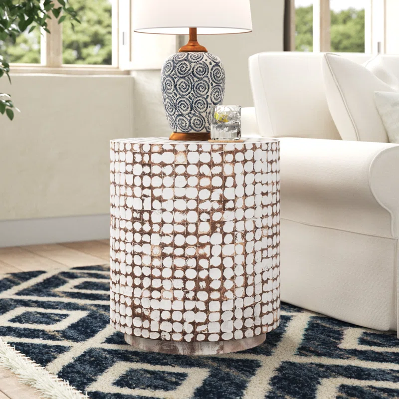 Coastal Breeze White Coconut & Wood Mosaic Round Table 16"