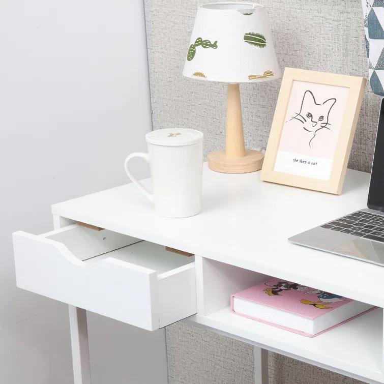 Ebern Designs Glenhill Writing Desk with Drawer - Built-In Power Outlets for Home Office