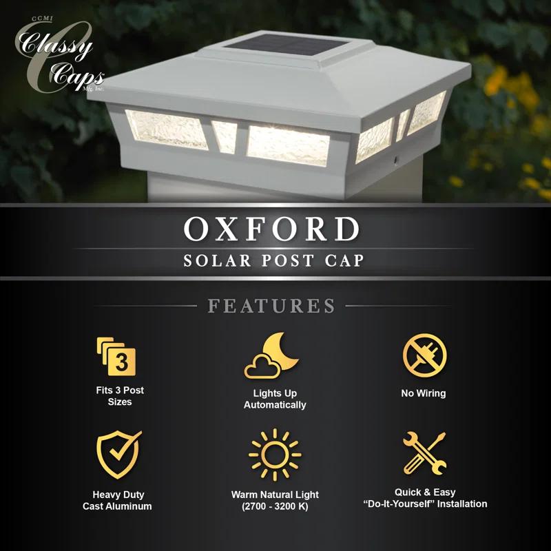 Classy Caps Oxford Solar Powered Integrated LED Aluminium Fence Post Cap Light 6 in. x 6 in. with Base Adapter Included