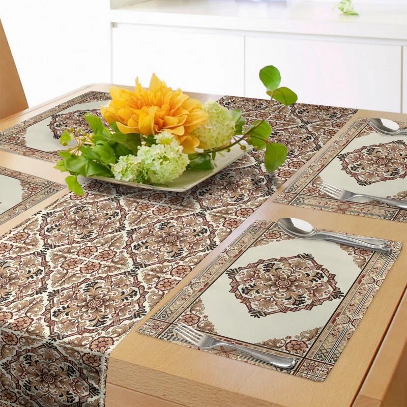 Ambesonne Ambesonne Oriental Floral Table Runner & Placemats Placemat 4 pcs + Runner 16"x72" Brown Caramel