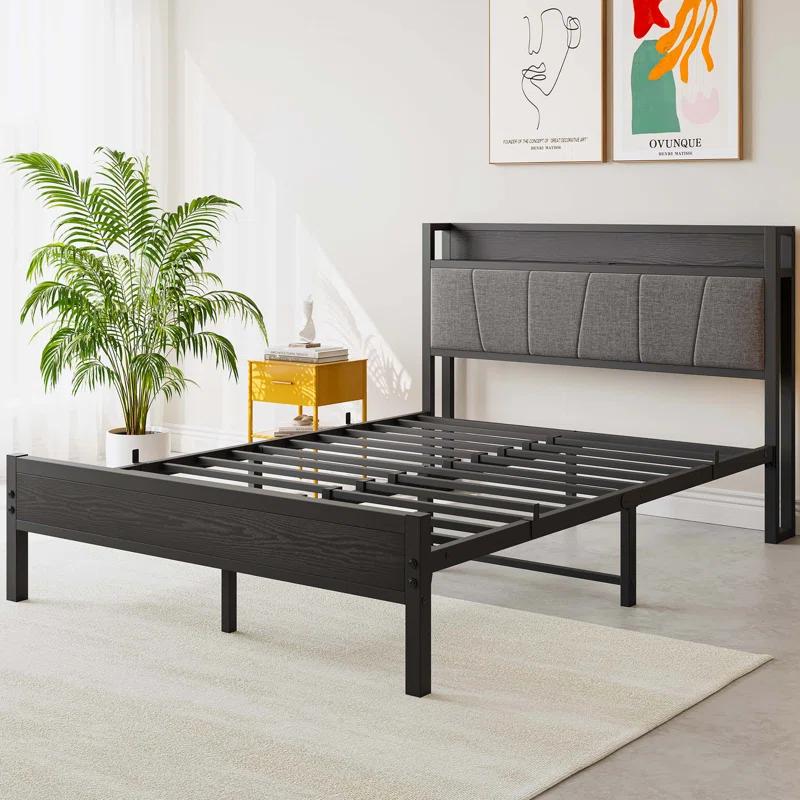 Bed Frame, Storage Headboard with Charging Station